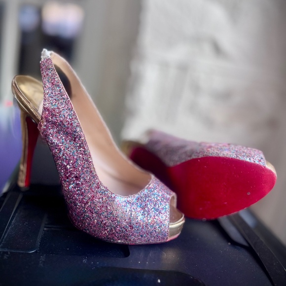 Christian Louboutin Multicolor Glitter Slingback Peep Platform Sandals Sz. 5.5 - Picture 1 of 15
